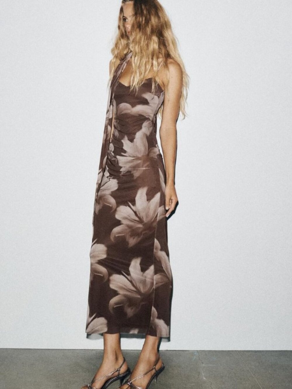 Zara Womens Floral Print Midi Dress Small Brown Scarf Neck Detail 8220/112 NWT - Picture 1 of 14